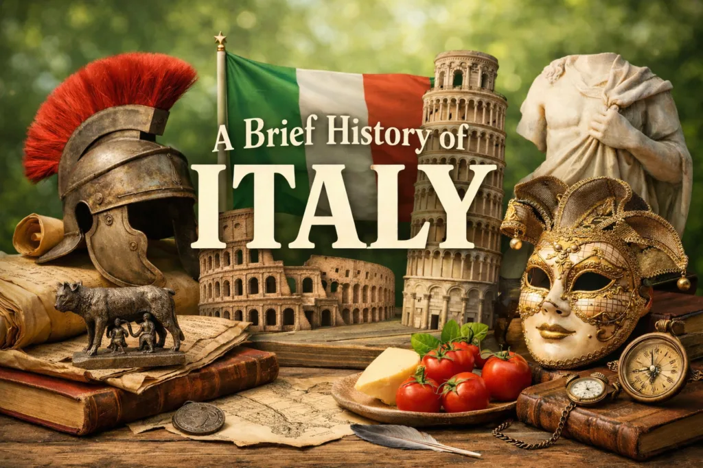 Collage representing Italian history featuring the Colosseum and Renaissance art