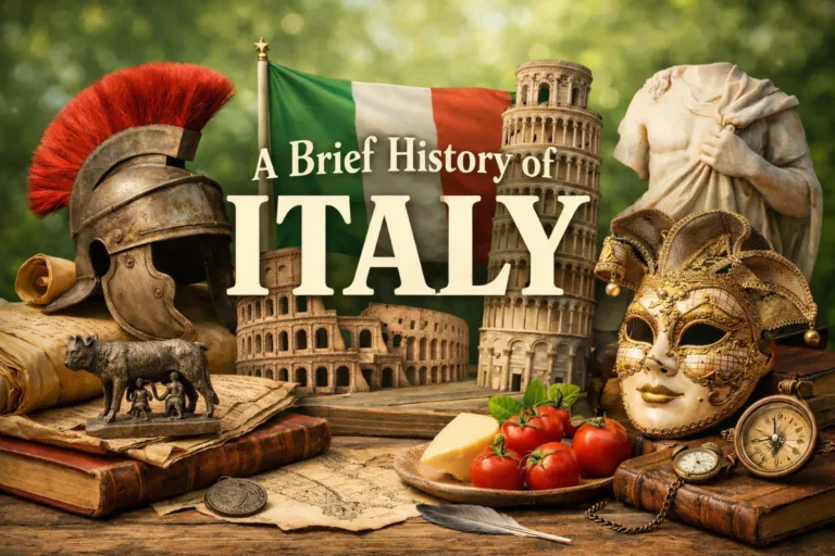 Collage representing Italian history featuring the Colosseum and Renaissance art