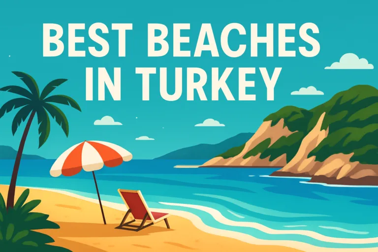 Aerial view of turquoise cove and sandy beach in Turkey