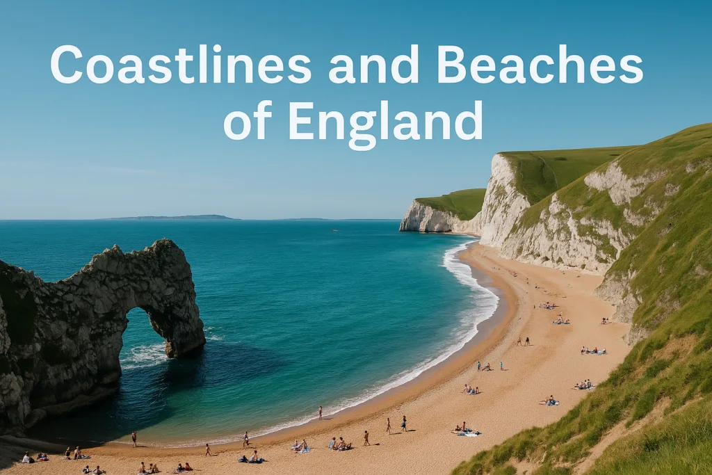 Picturesque English coastline with chalk cliffs and golden sandy beach