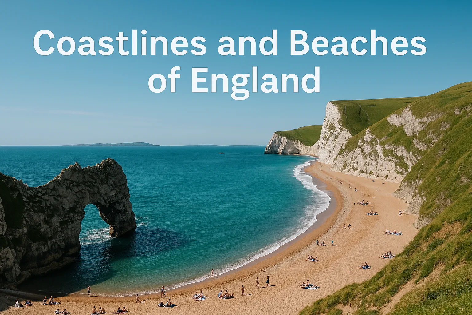 Picturesque English coastline with chalk cliffs and golden sandy beach