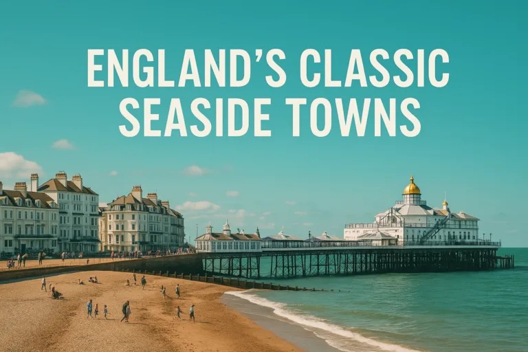 Classic English seaside town with Victorian pier and colorful beach huts