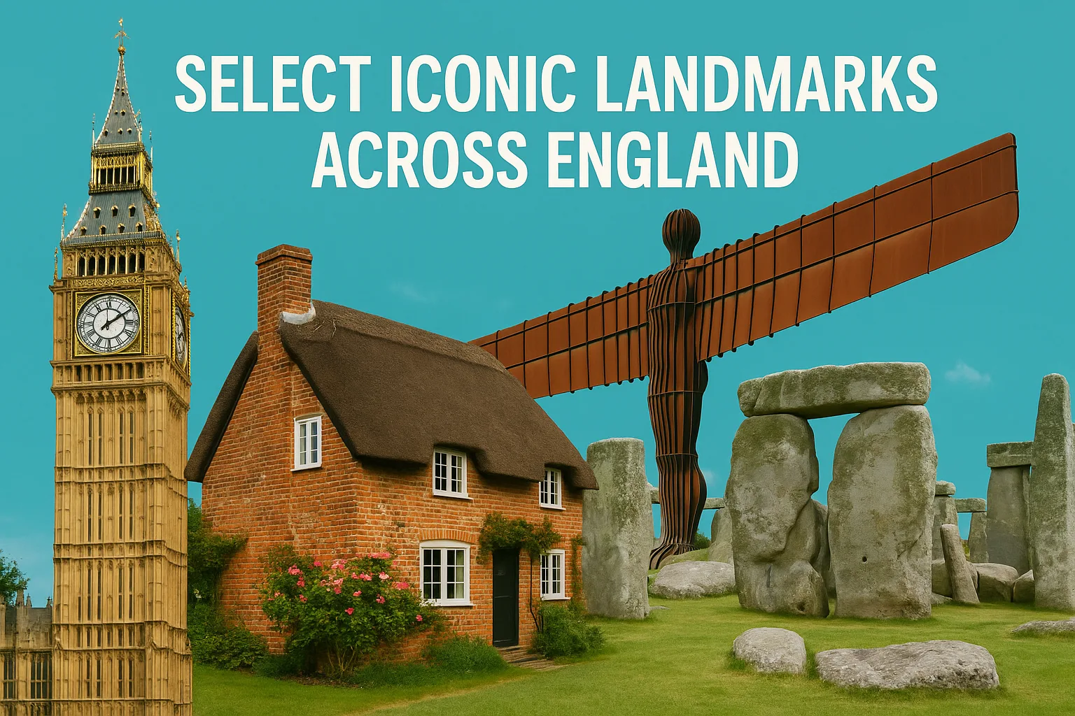 Panoramic collage of iconic England landmarks including Big Ben Stonehenge and Tower Bridge