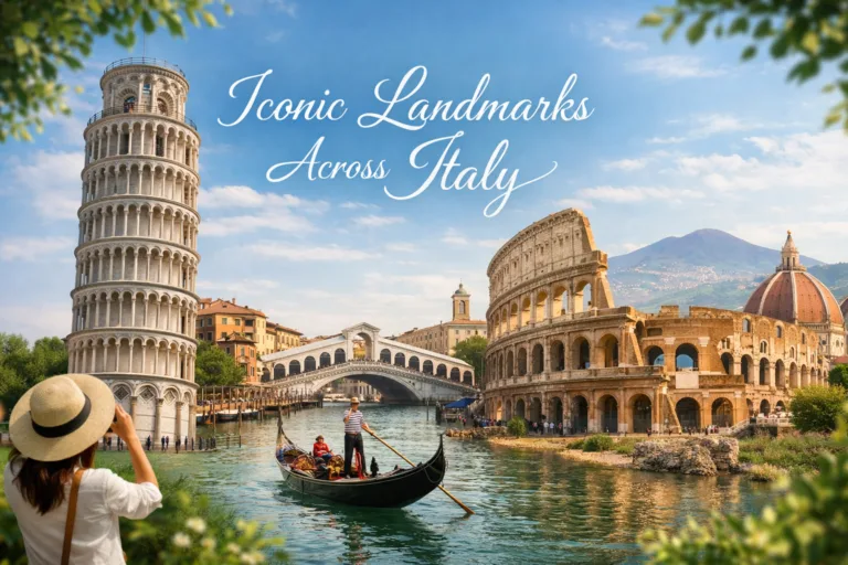 Iconic Italian landmarks including Colosseum Leaning Tower Saint Peters Basilica