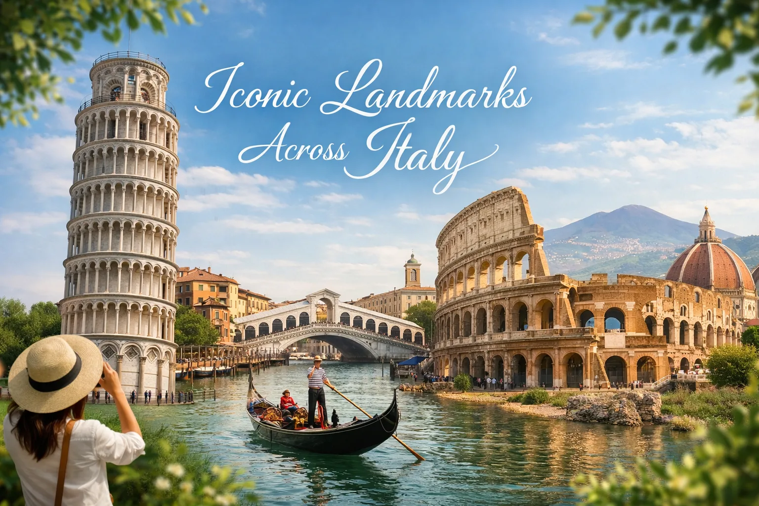 Iconic Italian landmarks including Colosseum Leaning Tower Saint Peters Basilica