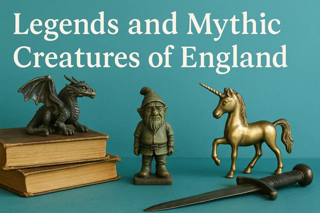Mythic creatures and legends of England depicted in folklore scene