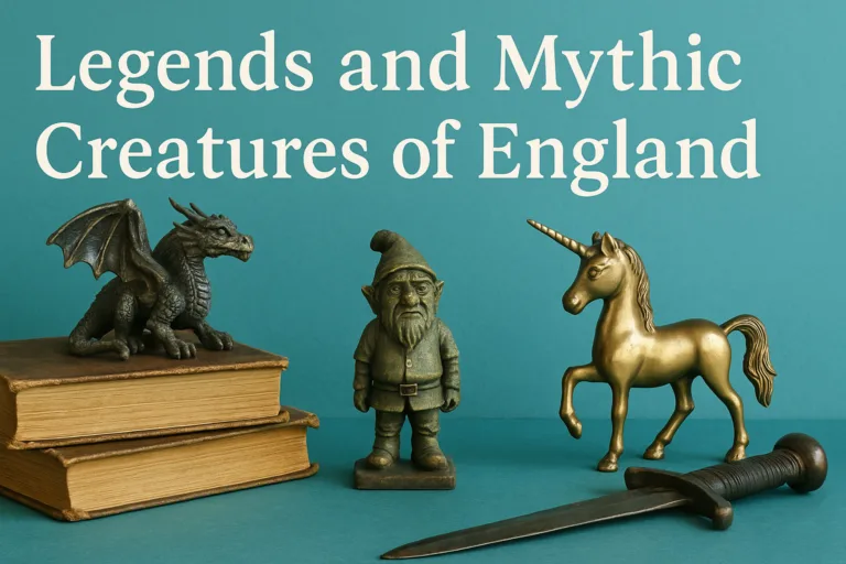 Mythic creatures and legends of England depicted in folklore scene