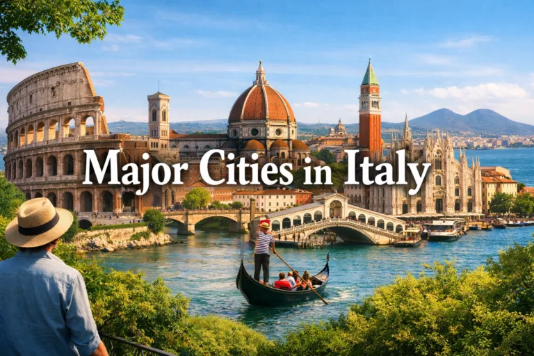 Panoramic montage of major Italian cities Rome Milan Venice Florence