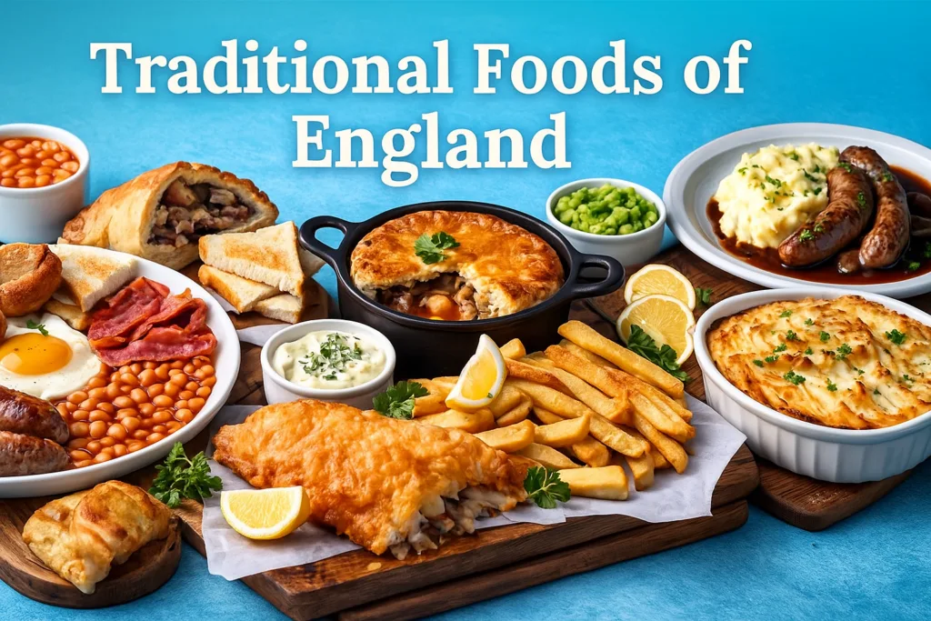 Traditional English foods platter featuring fish and chips Yorkshire pudding and scones