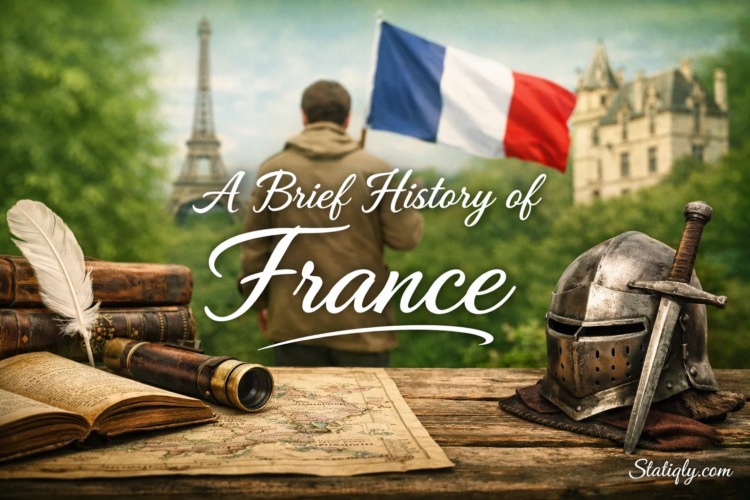France's history is illustrated with an antique map and a historic telescope on a wooden table.