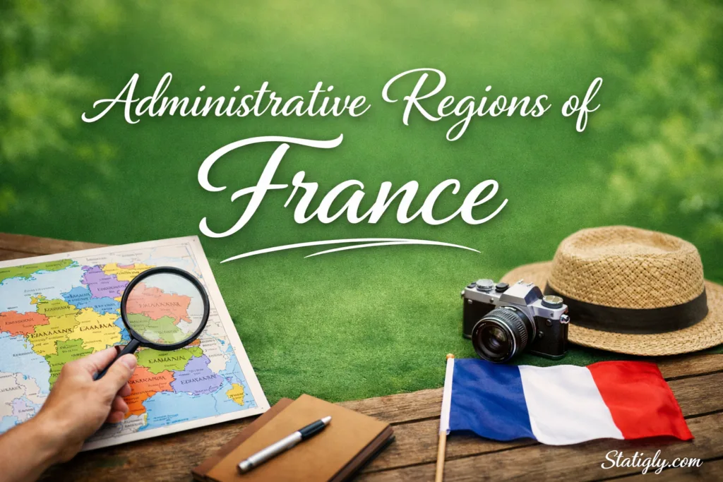 France map showing administrative regions with colorful boundaries and a camera placed on a table.