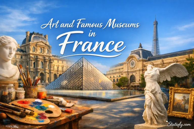 A view of the Louvre Museum in France with the glass pyramid in front and the Eiffel Tower in the background.