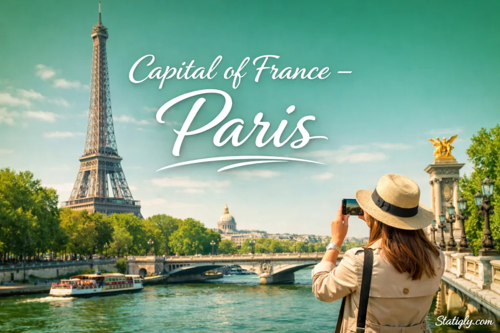 France's capital, Paris, features the Eiffel Tower and a woman taking a photo by the Seine river.