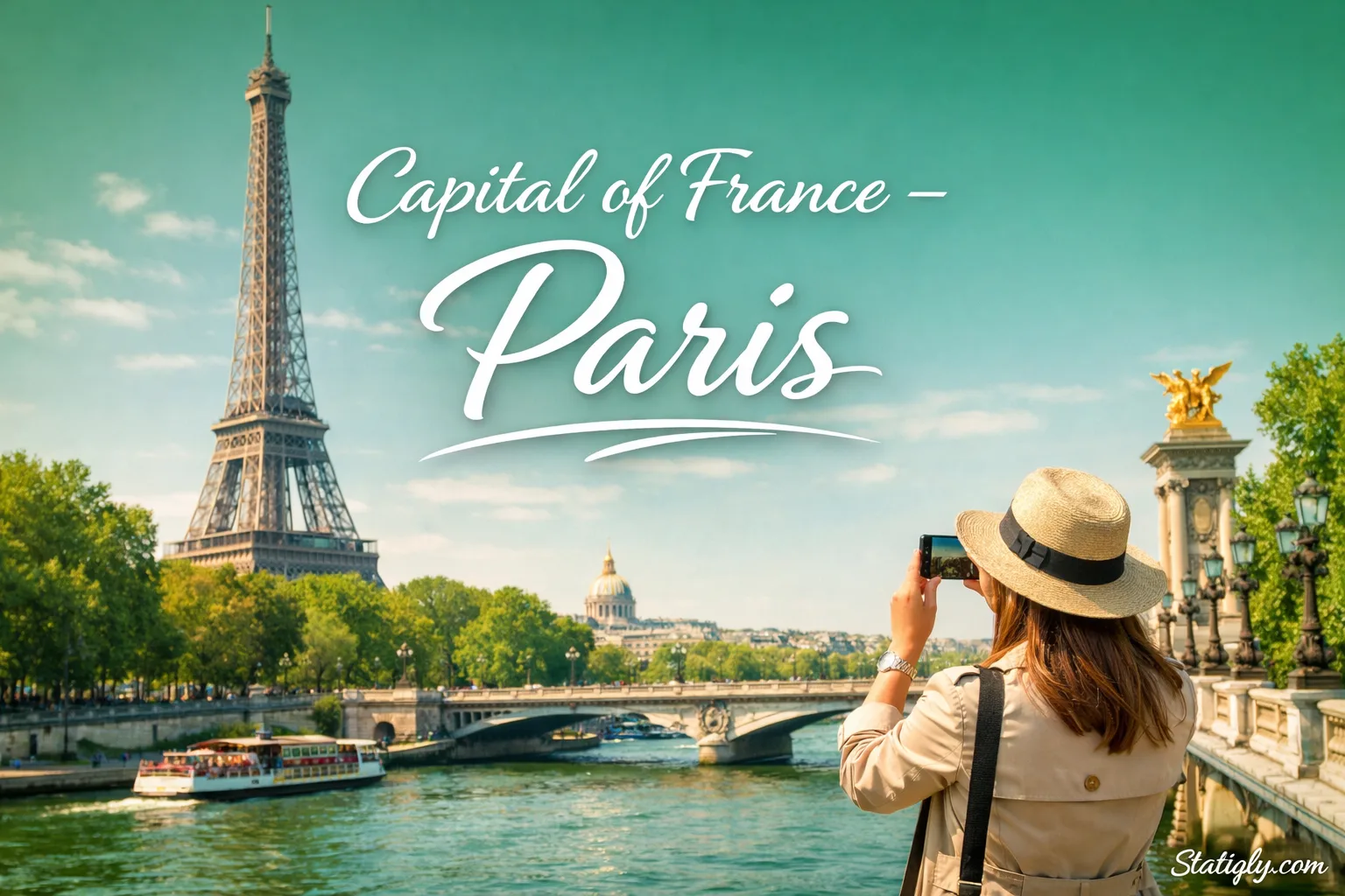 France's capital, Paris, features the Eiffel Tower and a woman taking a photo by the Seine river.
