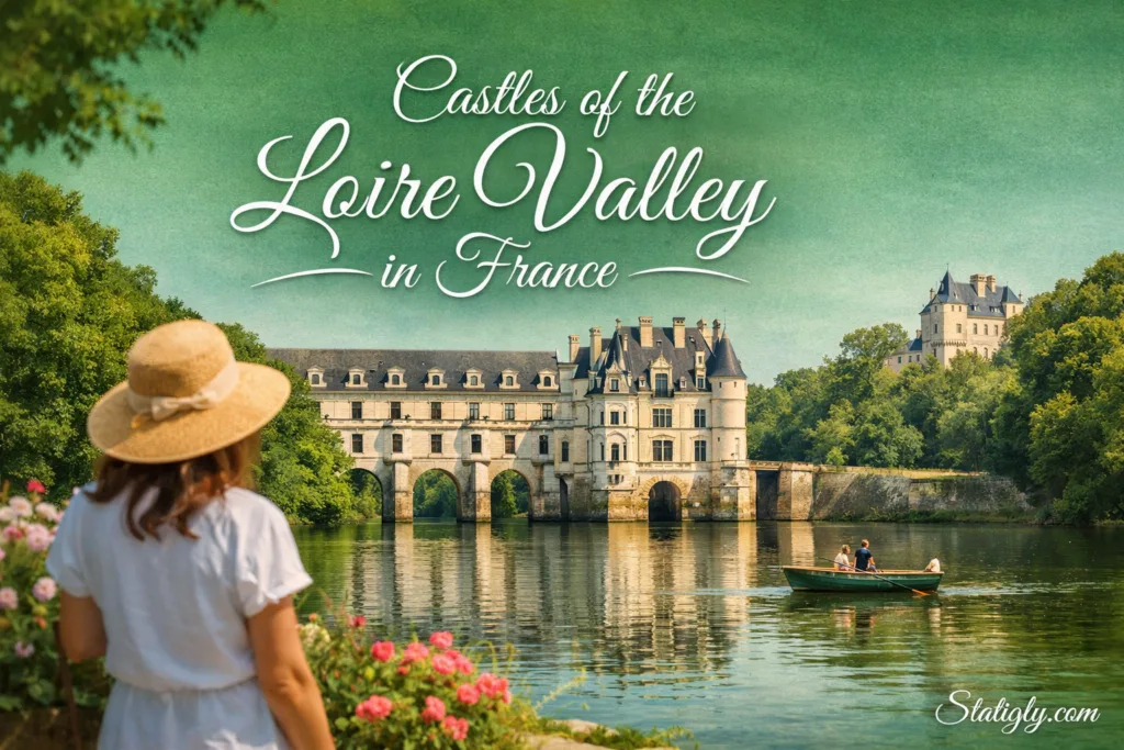 France loire valley castles with a woman in a hat gazing at the river and historic châteaux in the background.