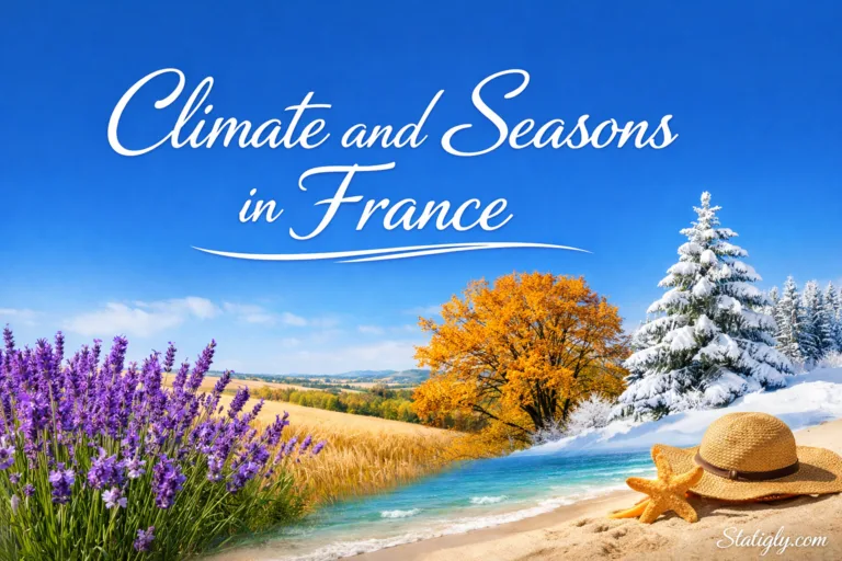 A person stands on a sandy beach with a snow-capped mountain in the background, showing France's diverse climate and seasons.