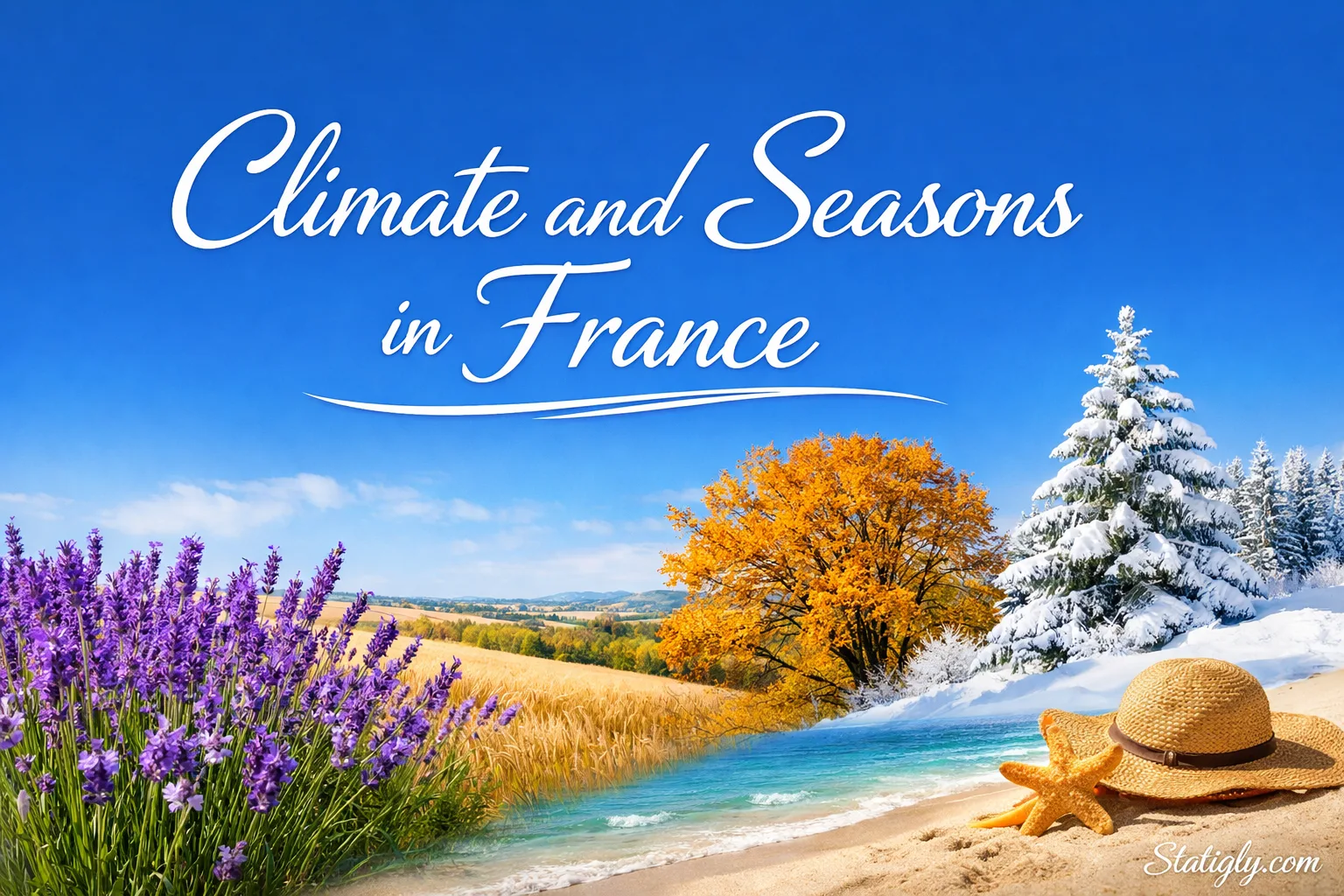 A person stands on a sandy beach with a snow-capped mountain in the background, showing France's diverse climate and seasons.