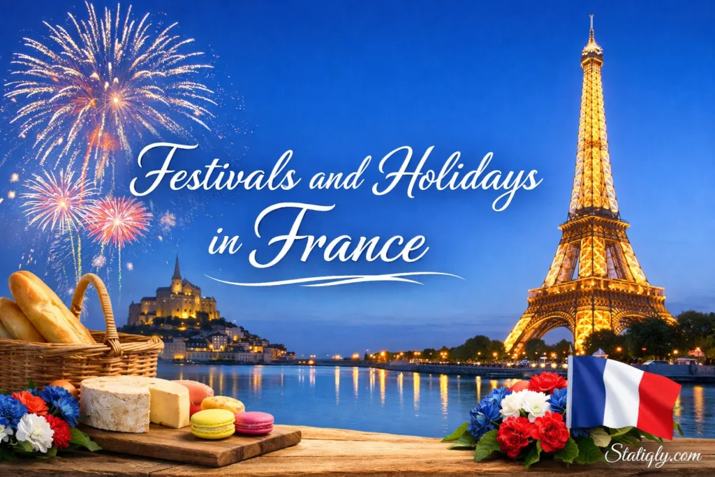 A colorful display of outdoor seating with the Eiffel Tower lit up at sunset, representing festivals in France.