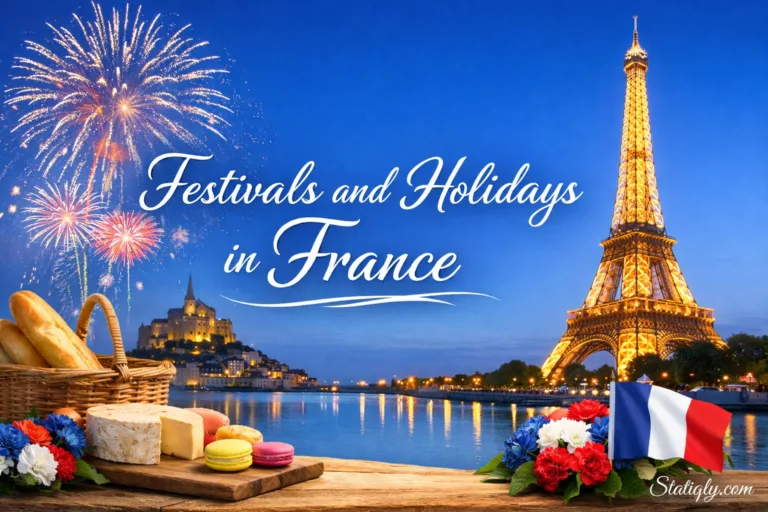 A colorful display of outdoor seating with the Eiffel Tower lit up at sunset, representing festivals in France.