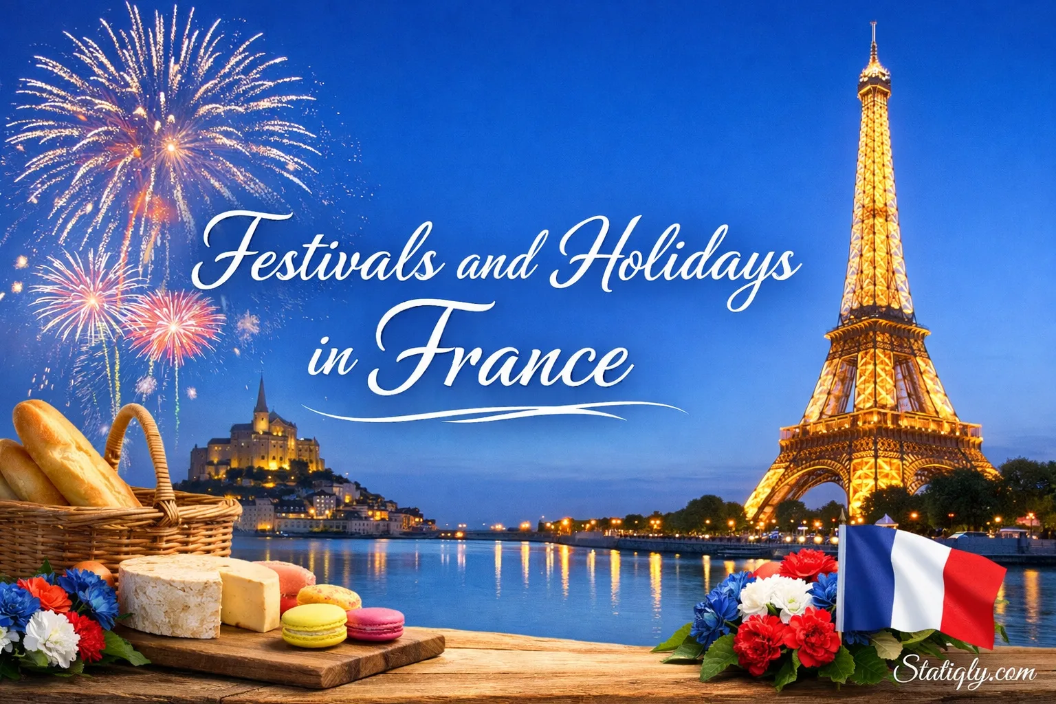 A colorful display of outdoor seating with the Eiffel Tower lit up at sunset, representing festivals in France.