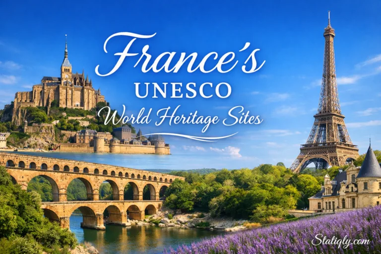 A view of a historic stone bridge over a river with lush greenery on either side under a clear blue sky, representing France’…