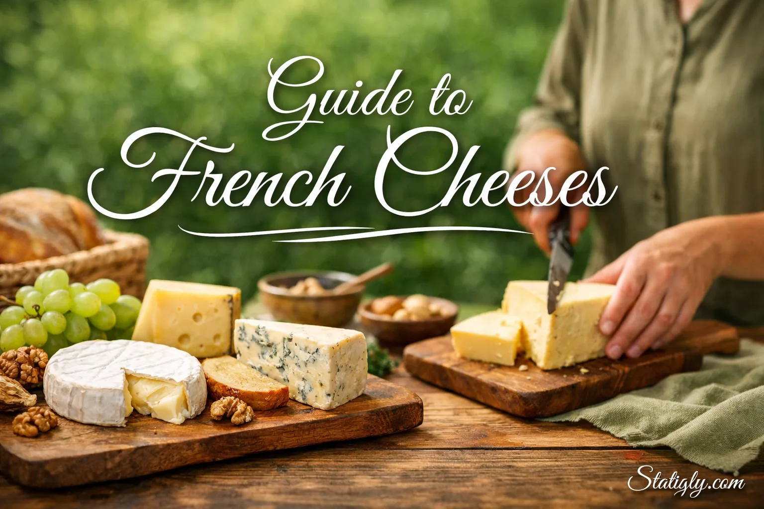 France features a cheese platter with various types of cheese and a knife on a wooden board.