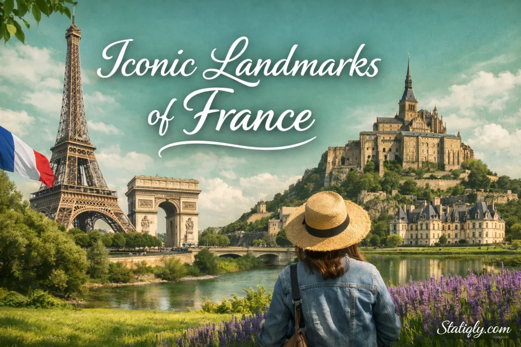 France's iconic landmarks include the Eiffel Tower standing tall against the sky with a person in a straw hat in the foregrou…