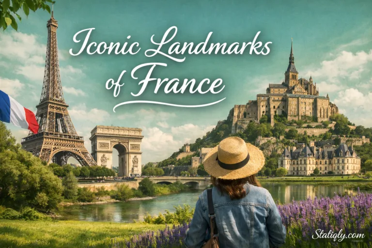 France's iconic landmarks include the Eiffel Tower standing tall against the sky with a person in a straw hat in the foregrou…