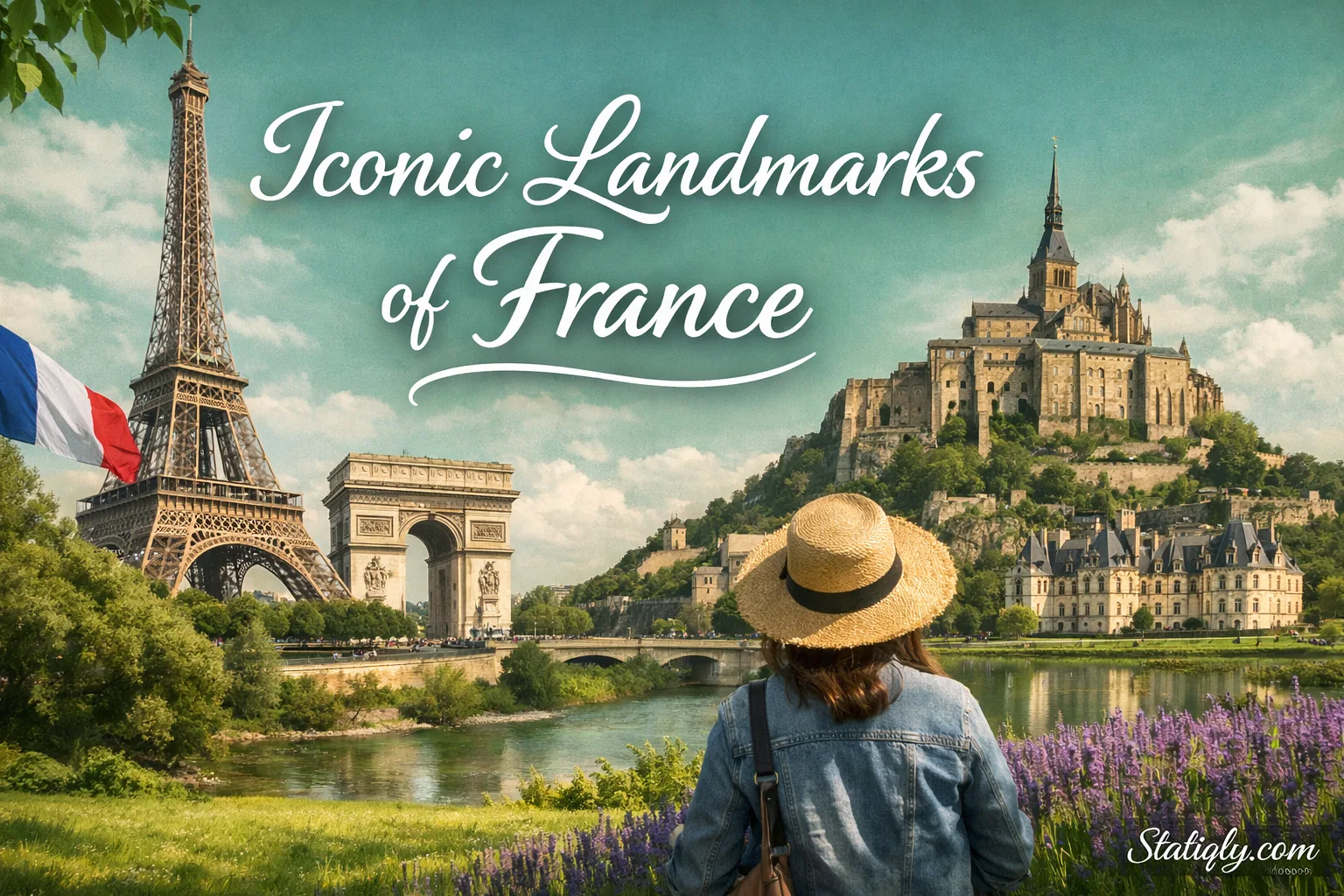 France's iconic landmarks include the Eiffel Tower standing tall against the sky with a person in a straw hat in the foregrou…