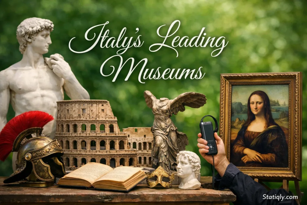 Grand gallery of a leading Italian museum with classical artworks