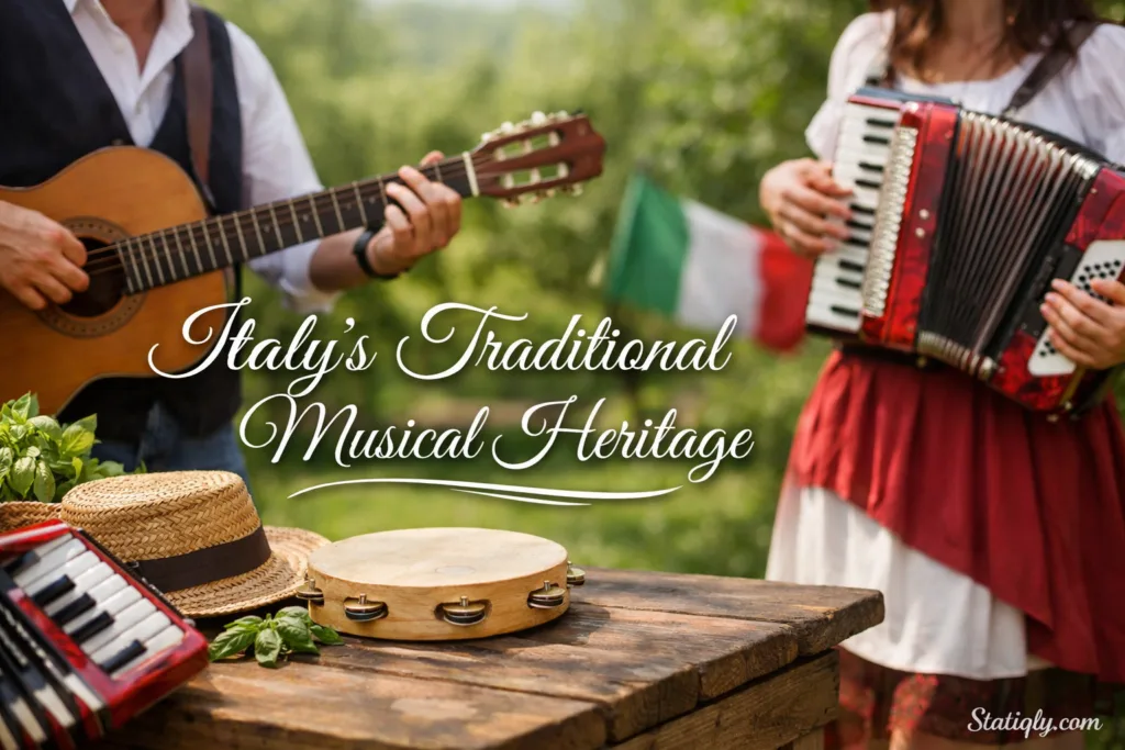 Traditional Italian musicians performing folk music with instruments