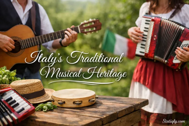 Traditional Italian musicians performing folk music with instruments