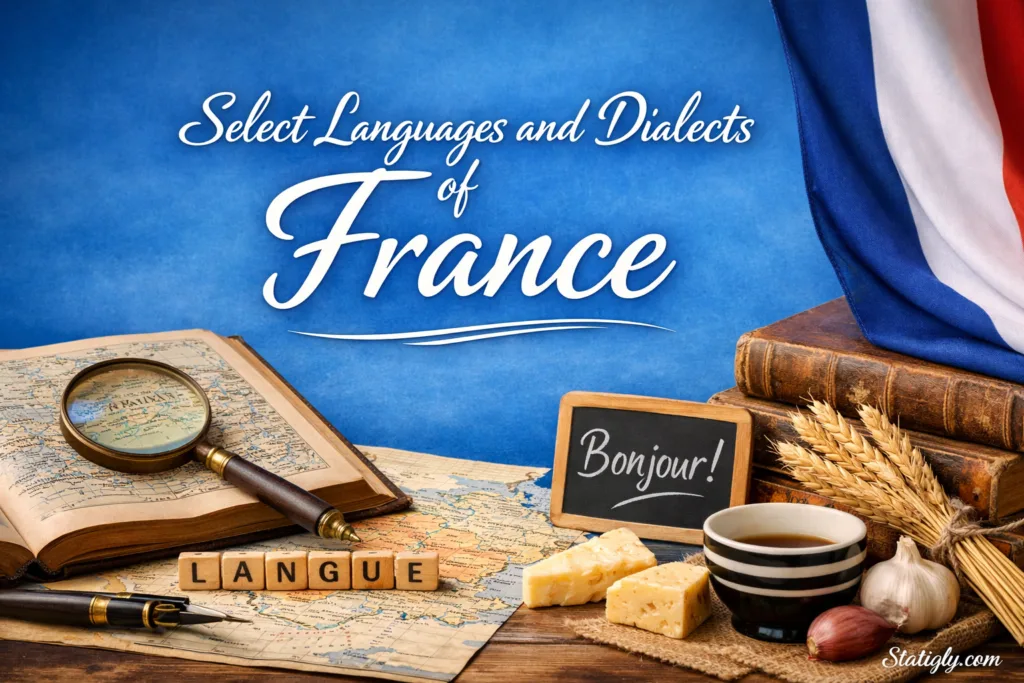 A collection of books and a small chalkboard with 'Bonjour!' written on it, representing the languages and dialects of France…