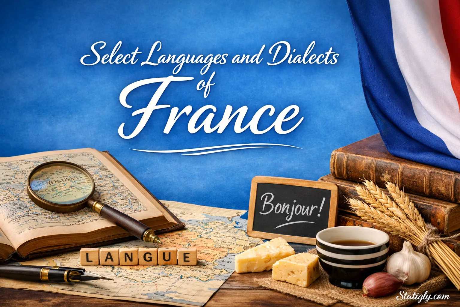 A collection of books and a small chalkboard with 'Bonjour!' written on it, representing the languages and dialects of France…