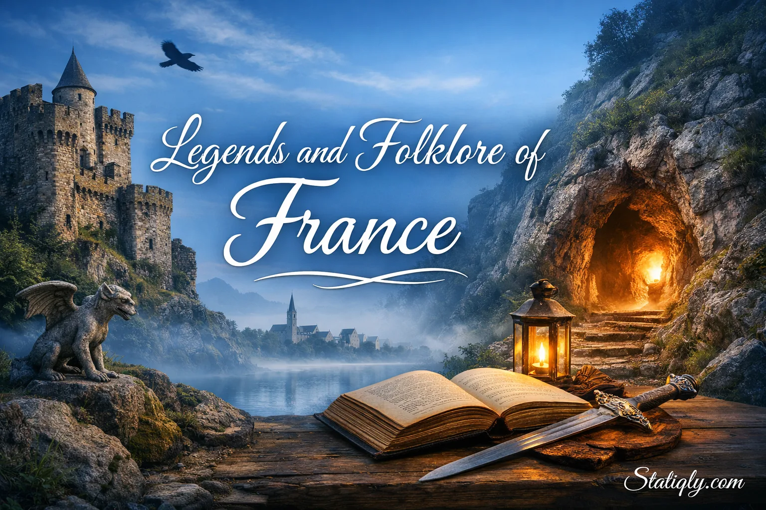 A dragon sculpture and an open book on a rocky shore evoke France's legends and folklore.