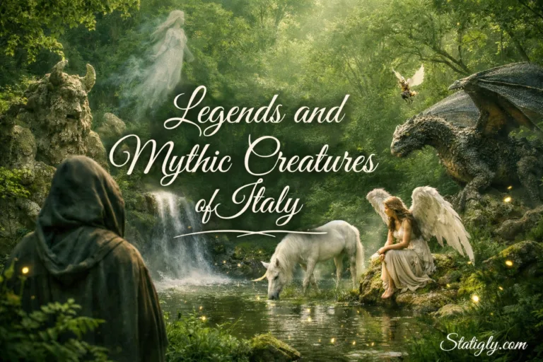 Mythic creatures of Italy depicted in folklore art
