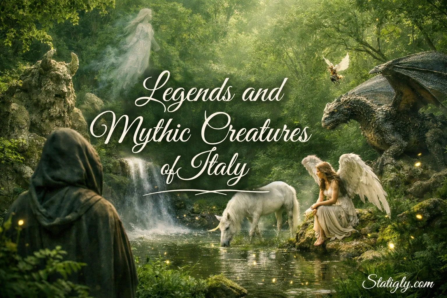Mythic creatures of Italy depicted in folklore art