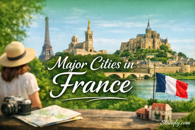 France features iconic landmarks like the Eiffel Tower beside the river in a city scene.