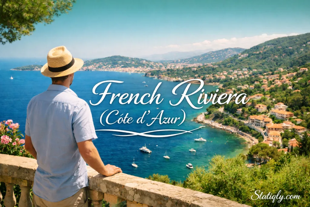 A person wearing a straw hat stands on a coastal viewpoint overlooking the blue waters of the French Riviera with sailboats i…