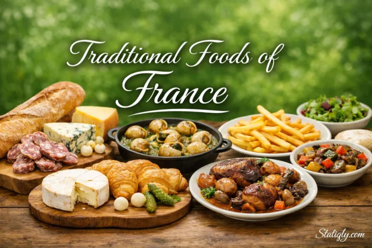 France traditional foods include a variety of cheeses, olives, and a bowl of savory stew.