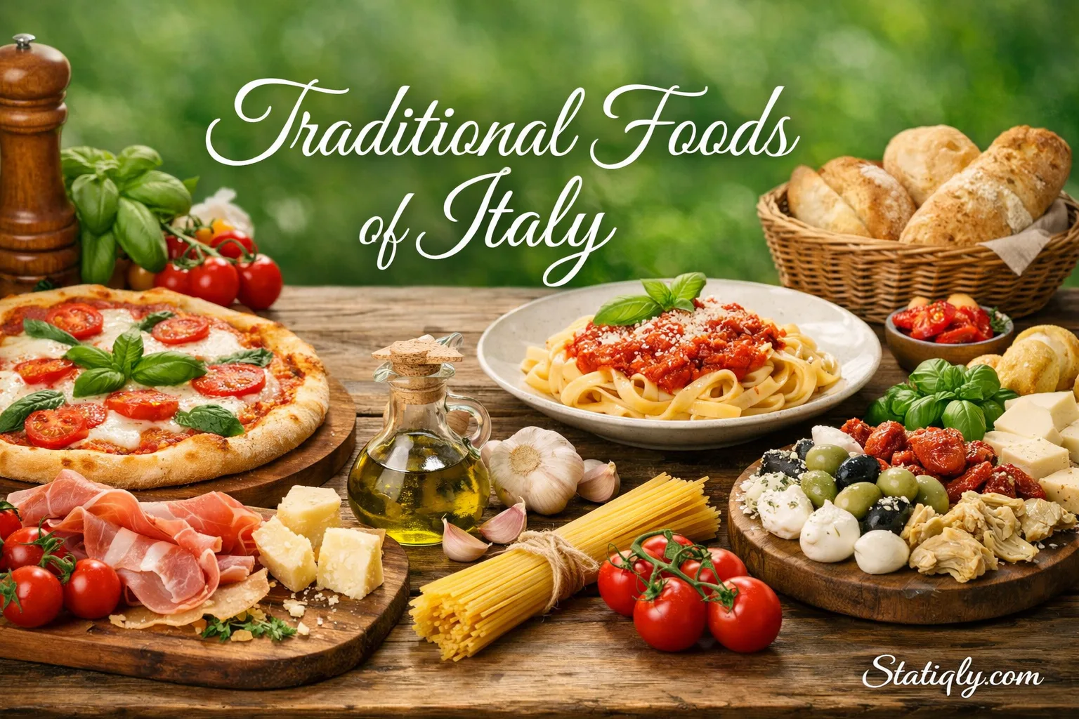 Traditional Italian foods assortment featuring pasta pizza cheeses and antipasti