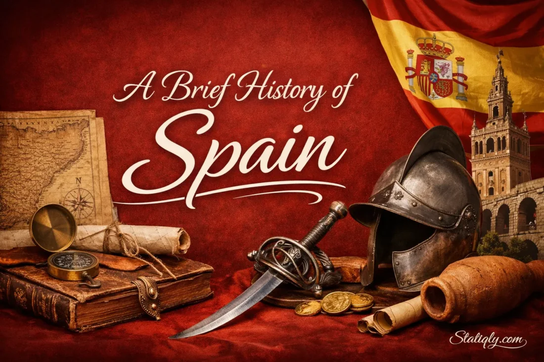 France shows a red book titled 'A Brief History of Spain' with medieval swords and helmets nearby.