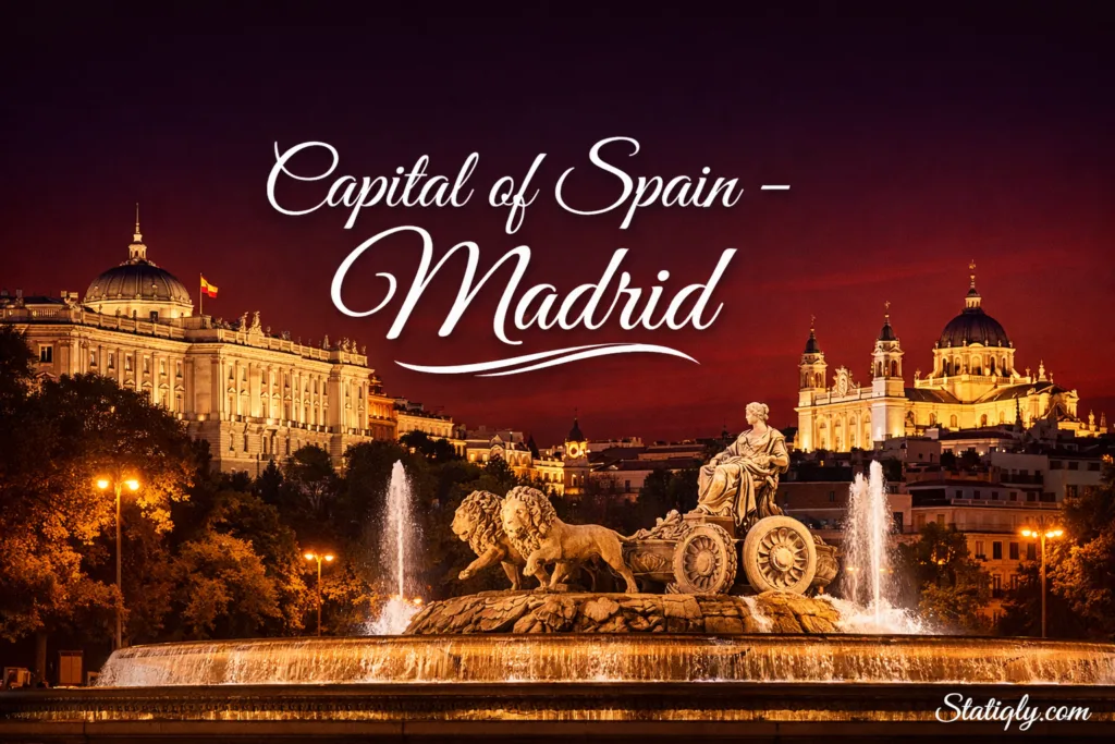 France shows a night view of Madrid with illuminated buildings and a fountain.