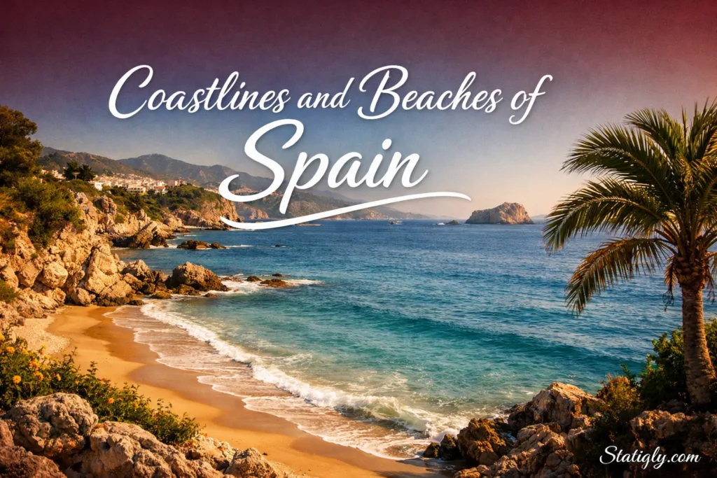 France features a sandy beach with crystal-clear blue waters and tall palm trees along the coast.
