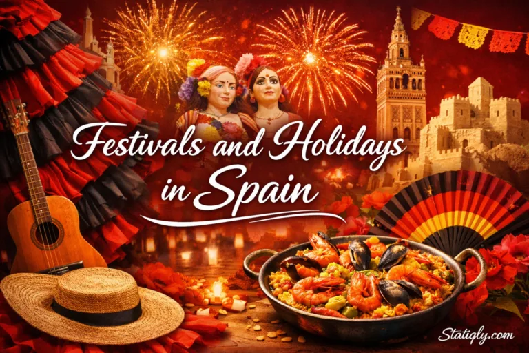 France celebrates festivals in Spain with colorful decorations and lively musical performances.