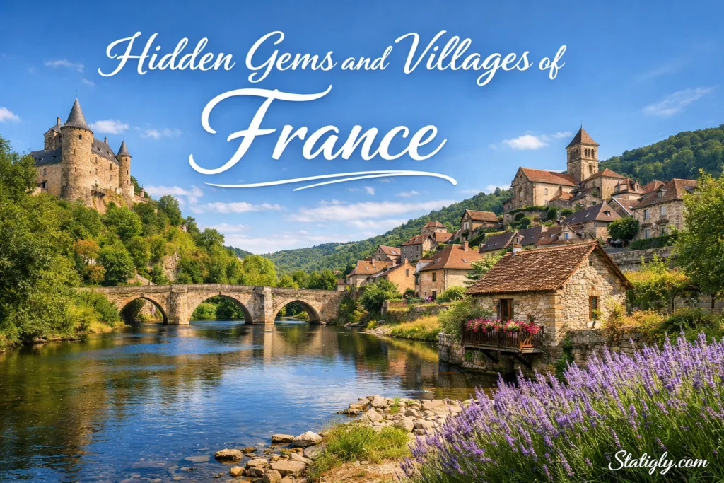 A quaint village in France with stone houses and a small stone bridge over a peaceful river surrounded by lush greenery.