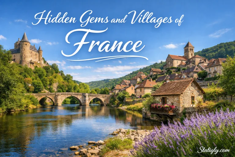 A quaint village in France with stone houses and a small stone bridge over a peaceful river surrounded by lush greenery.