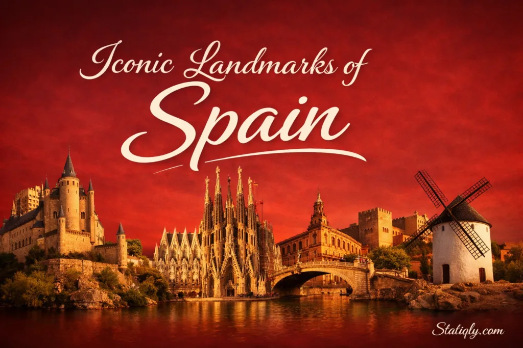 France's iconic landmarks include the Sagrada Família with its distinctive towers under a red sky.