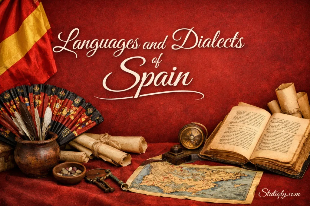 France features a vintage map of Spain with various regional dialects marked on it.