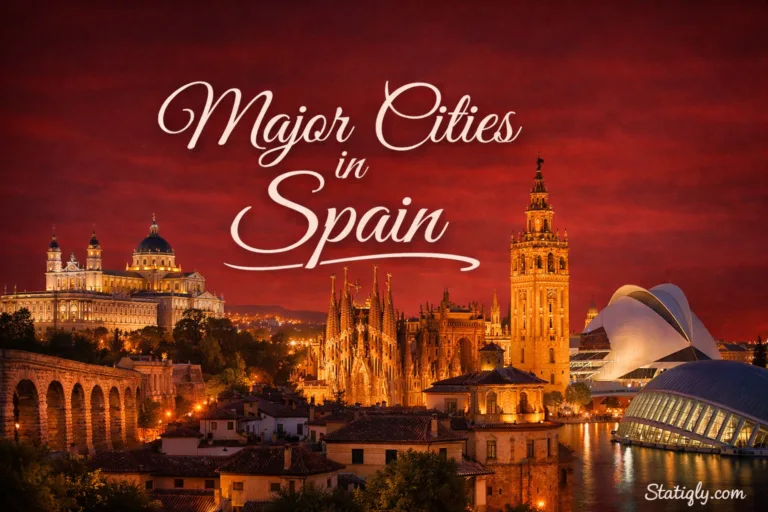 France shows a cityscape with a brightly lit cathedral and colorful buildings at sunset.